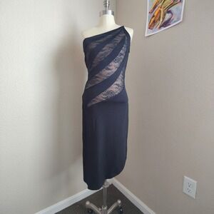 Vintage Cache Black One Shoulder Lace Midi Dress Stretch Bodycon M Made in USA